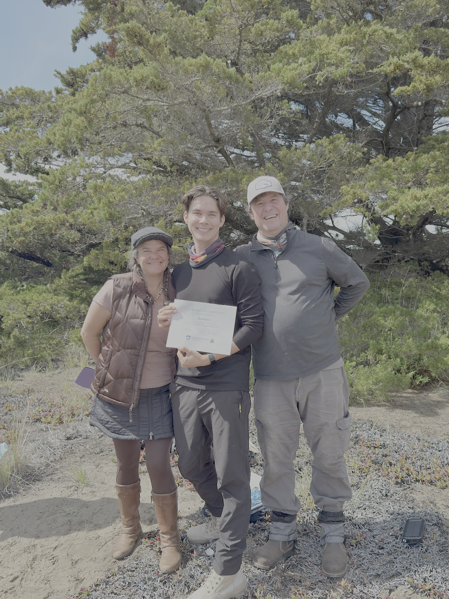 David Pierce celebrates completing the California Naturalist program with two instructors.
