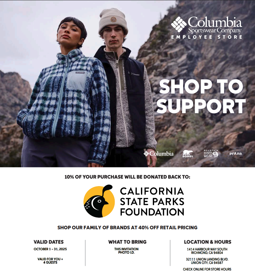Columbia Sportswear Employee Store pass promoting 40% off retail pricing and a 10% donation to California State Parks Foundation during October 2025.