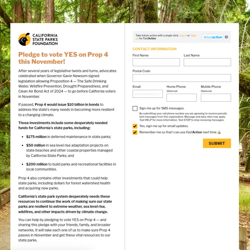 California State Parks Foundation action page inviting Californians to pledge to vote yes on Proposition 4, with details about funding for park maintenance, sea-level rise adaptation, and local parks.