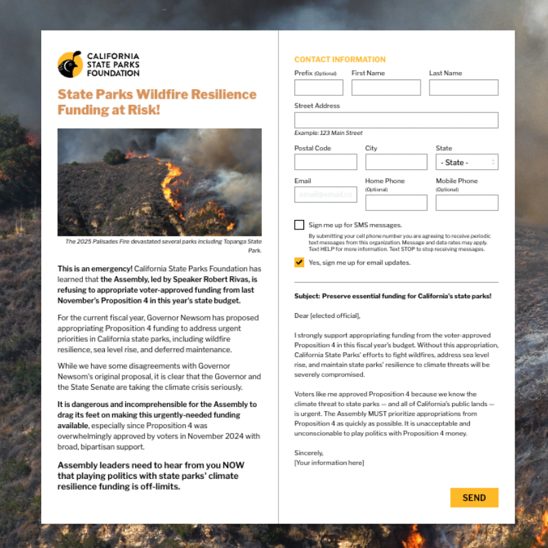 California State Parks Foundation advocacy form urging supporters to oppose cuts to Proposition 4 funding for wildfire prevention, forest resilience, and climate projects in state parks.