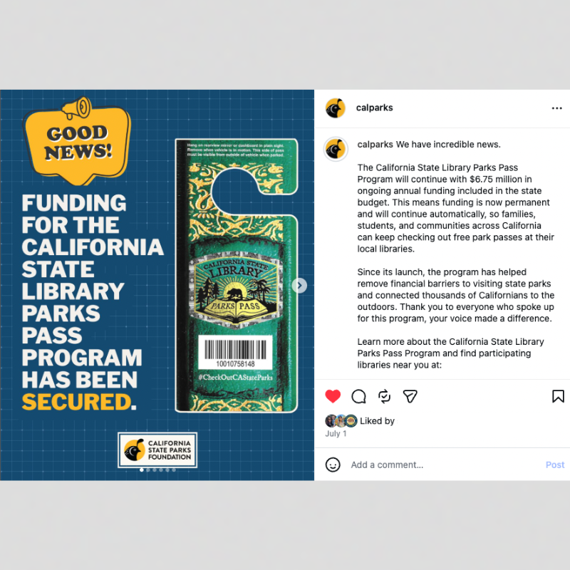 California State Parks Foundation social media graphic announcing that ongoing funding for the California State Library Parks Pass has been secured.