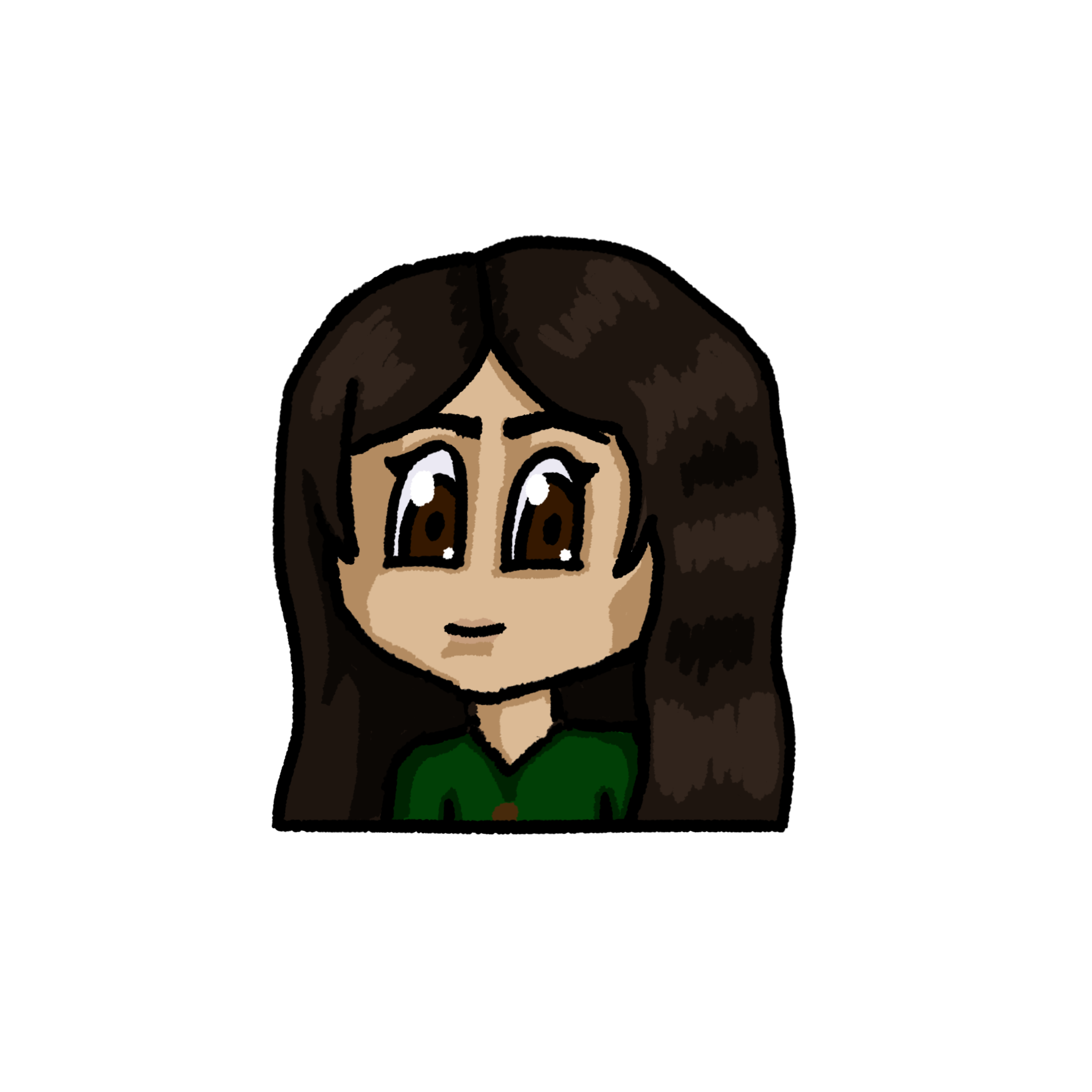 Eine cartoonartige Illustration eines Mädchens mit braunen Haaren, großen Augen und einem grünen Pullover, das nachdenklich schaut.
