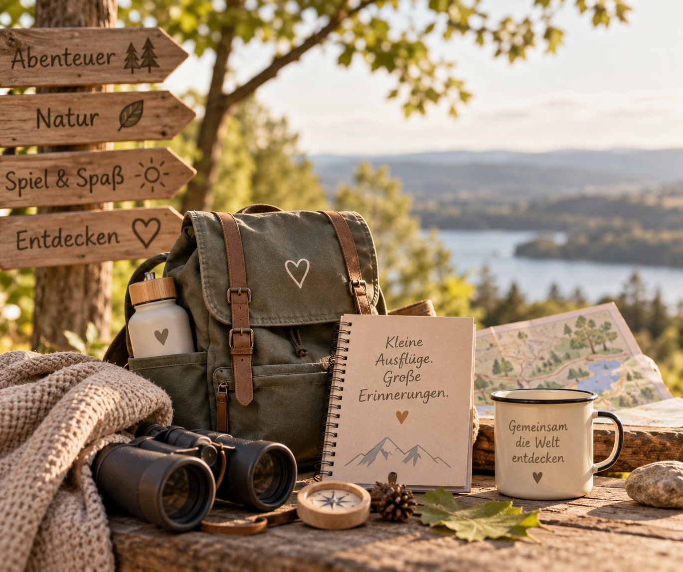 Ein Campingausrüstung-Setup auf einem Holztisch im Freien mit Bergblick, einem Rucksack, Ferngläsern, einer Thermoskanne, einem Notizbuch mit der Aufschrift »Kleine Ausflüge. Große Erinnerungen.«, einer Tasse mit der Aufschrift »Gemeinsam die Welt entdecken«, einer Karte, einem Kompass, einem Schal, einer Wasserflasche und Blättern, mit einem Schild im Hintergrund, das auf Abenteuer, Natur, Spaß & Spiele und Entdecken hinweist.