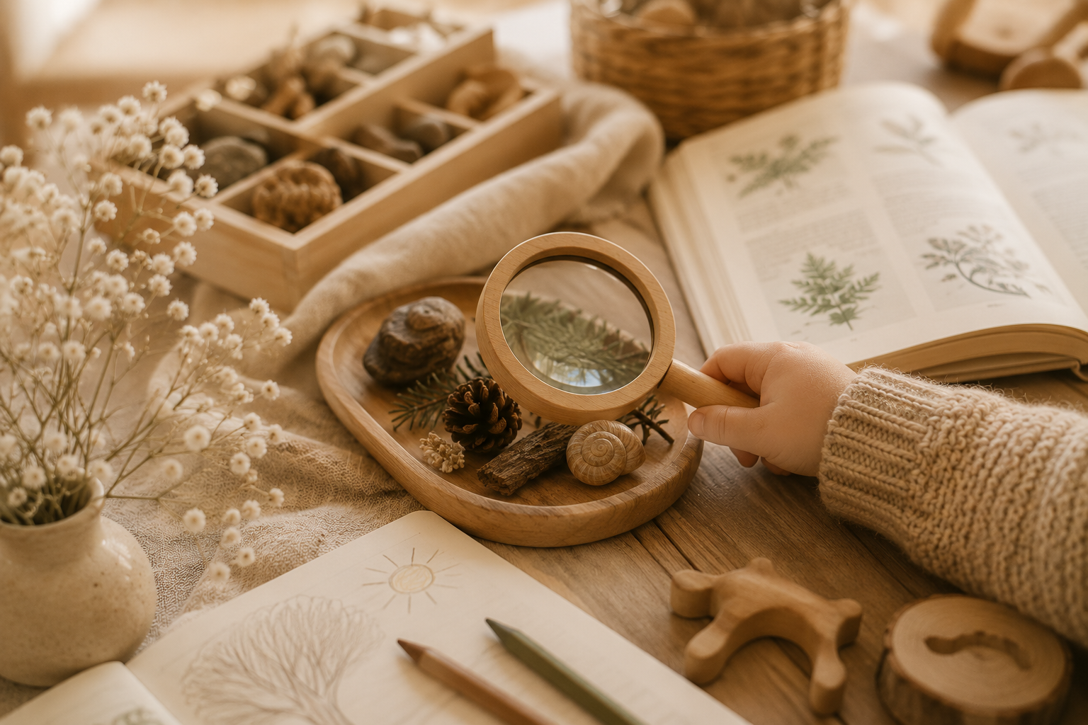 Nahaufnahme eines kindlichen Händchens, das eine Lupe über eine Tafel mit Naturmaterialien hält, umweltbezogene Bücher, Zweige, Muscheln, Tannenzapfen und Holzdekorationen auf einem Holztisch.