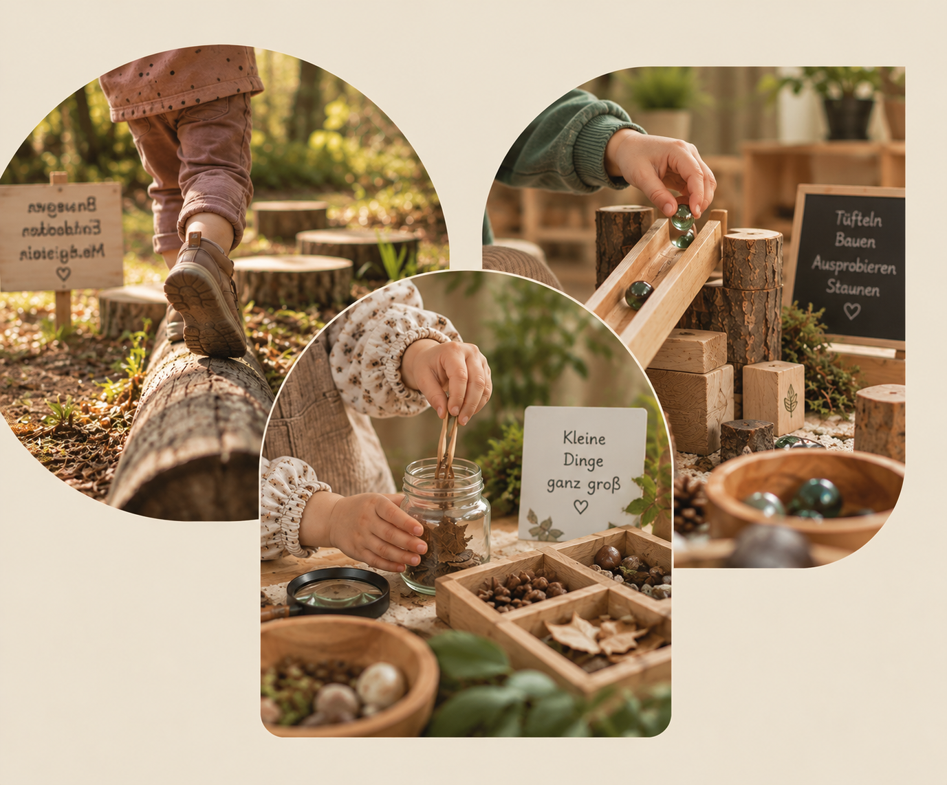 Kinder spielen in einem Wald mit Holzspuren, erkunden Naturmaterialien und spielen mit Holz- und Steinchen in einem Bastelset, das anregende Aktivitäten wie Truhen bauen, ausprobieren und Staunen bietet.