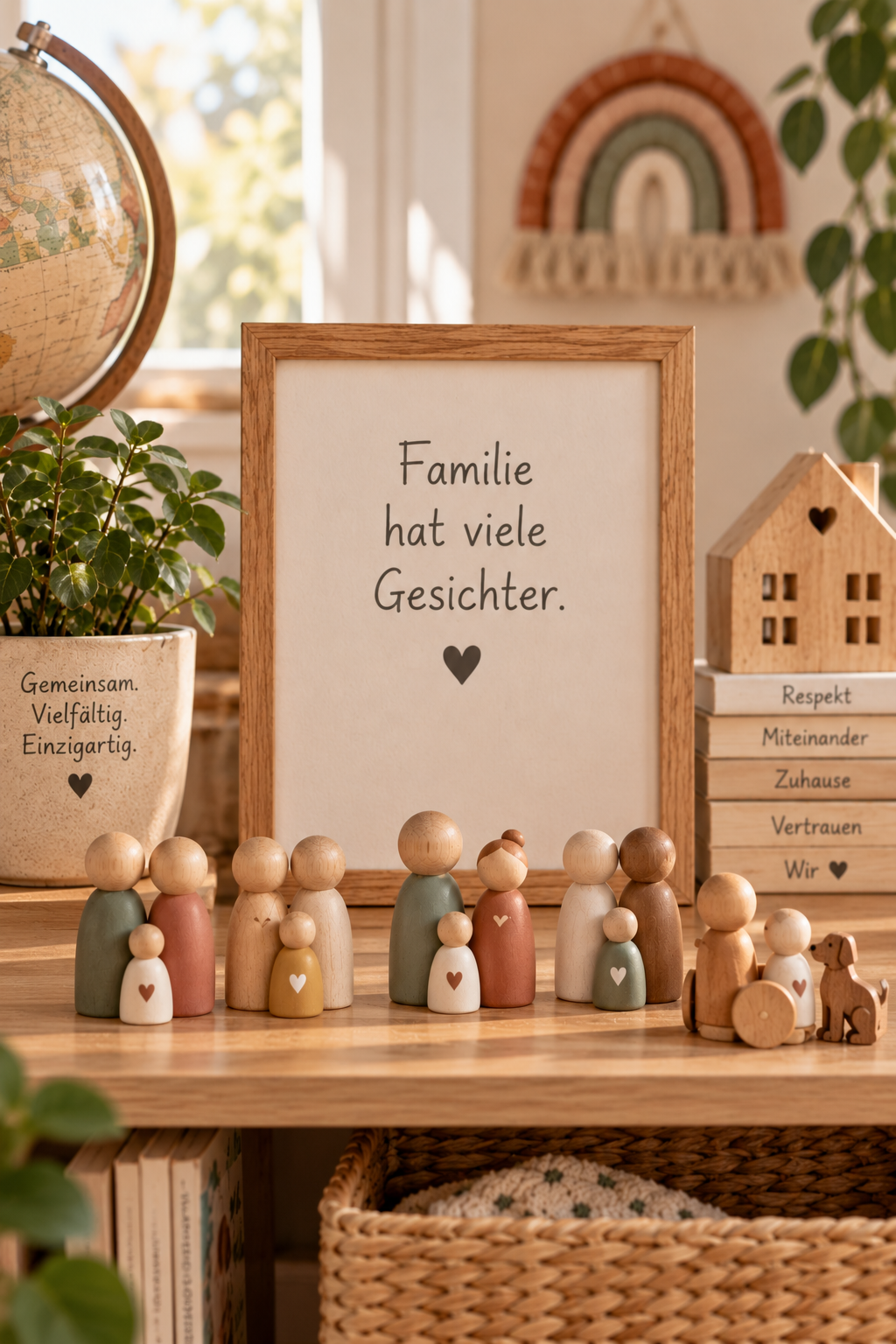 Deko-Arrangement mit Holzfiguren, einem Bilderrahmen mit der deutschen Aufschrift "Familie hat viele Gesichter" und weiteren Dekorationen im warmen Licht.