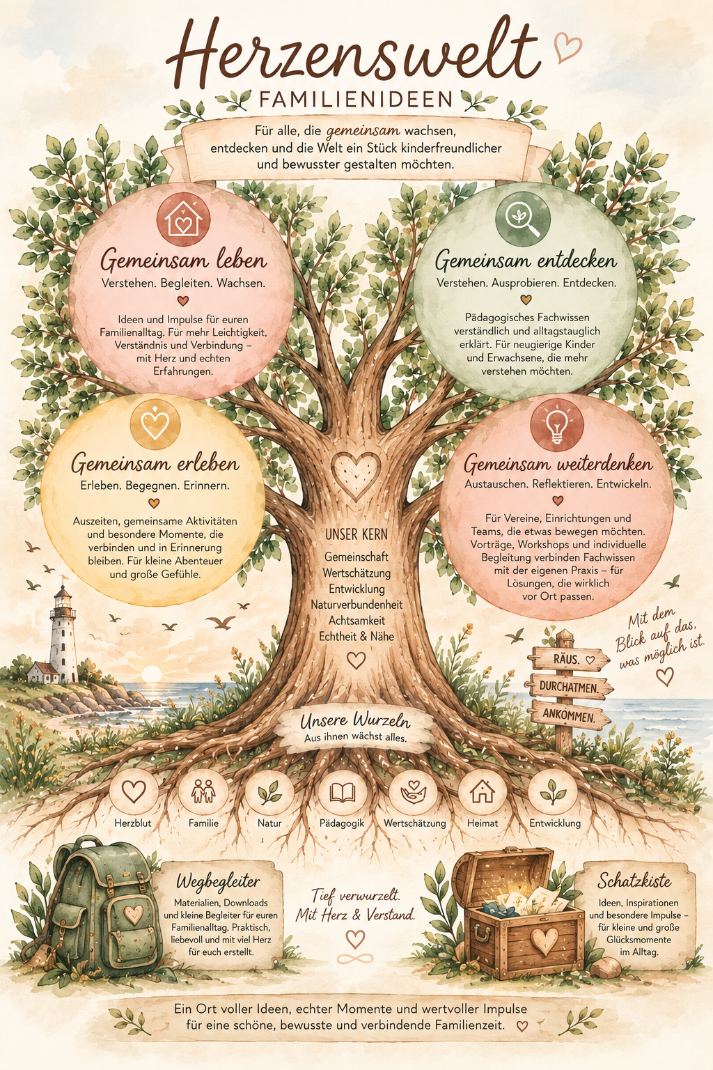 Eine symbolische Grafik eines Baumes, der die Werte und Prinzipien einer Gemeinschaft darstellt. Der Baum hat Wurzeln mit Begriffen wie Herzblut, Familie, Natur, Pädagogik, Wertschätzung, Heimat und Entwicklung. Die Blätter sind mit verschiedenen Kreisen versehen, die Begriffe wie "Gemeinsam leben", "Gemeinsam entdecken", "Gemeinsam erleben" und "Gemeinsam weiterdenken" enthalten. Der Hintergrund zeigt eine Küste mit Leuchtturm, das Meer und fliegende Vögel. Es gibt zudem eine Schatztruhe mit Inspirationen und ein Rucksack, die für die praktische Umsetzung und kleine Begleiter stehen.