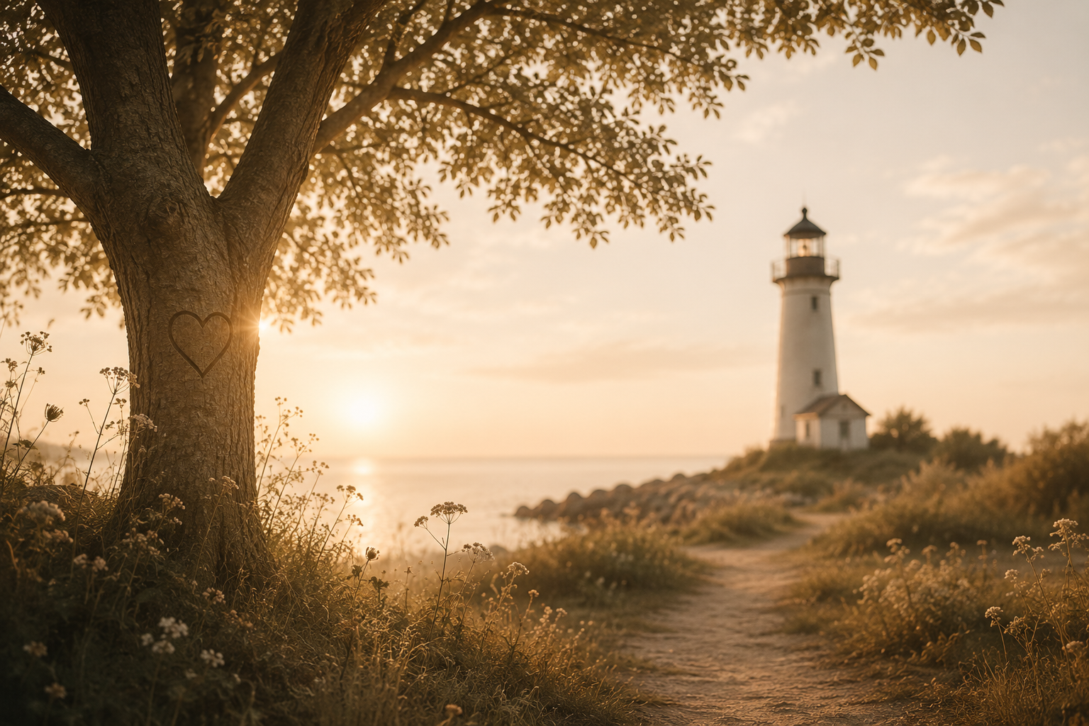 Leuchtturm bei Sonnenuntergang am Meer, im Vordergrund ein Baum mit einem Herz auf der Rinde.