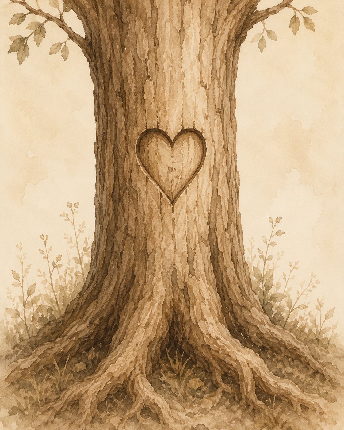 Ein stilisierter Baum mit eingekerbtem Herz auf der Rinde, im sepia Ton. Im Erdreich wachsen kleine Pflanzen.