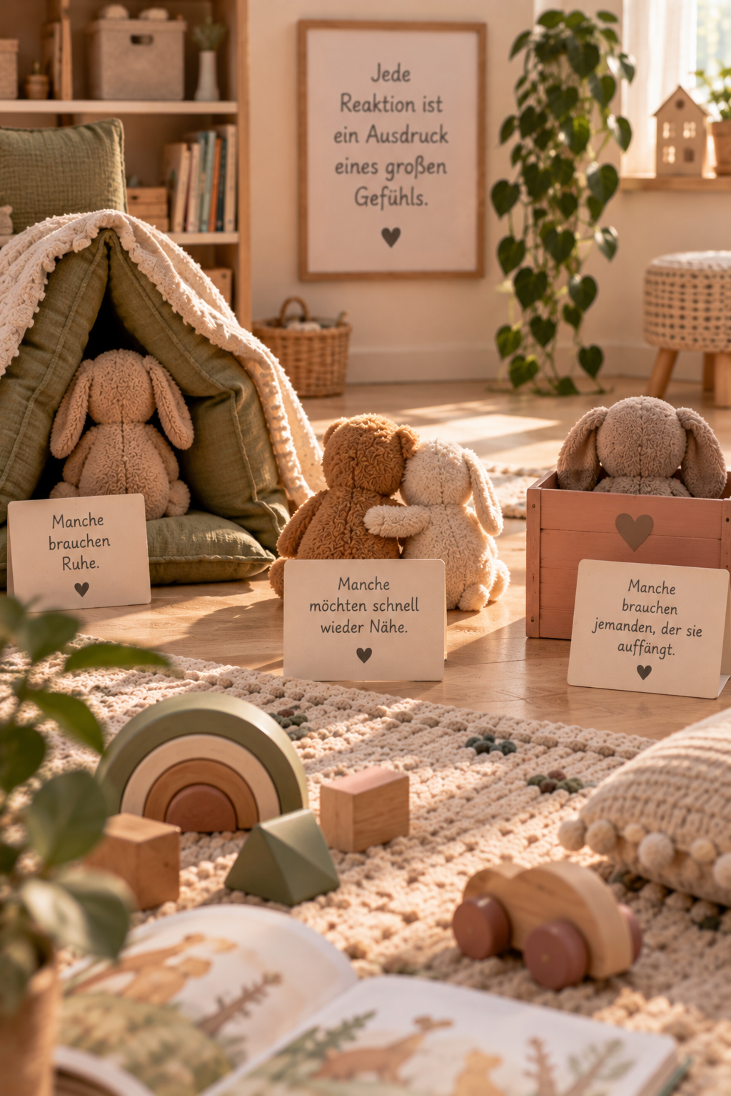 Gemütliches Kinderzimmer mit Plüschtieren, Holzspielzeug, Trost- und Näheplakaten, Pflanzen, einem Bücherregal und einem bequemen Leseecke, warmes Sonnenlicht durch Fenster.
