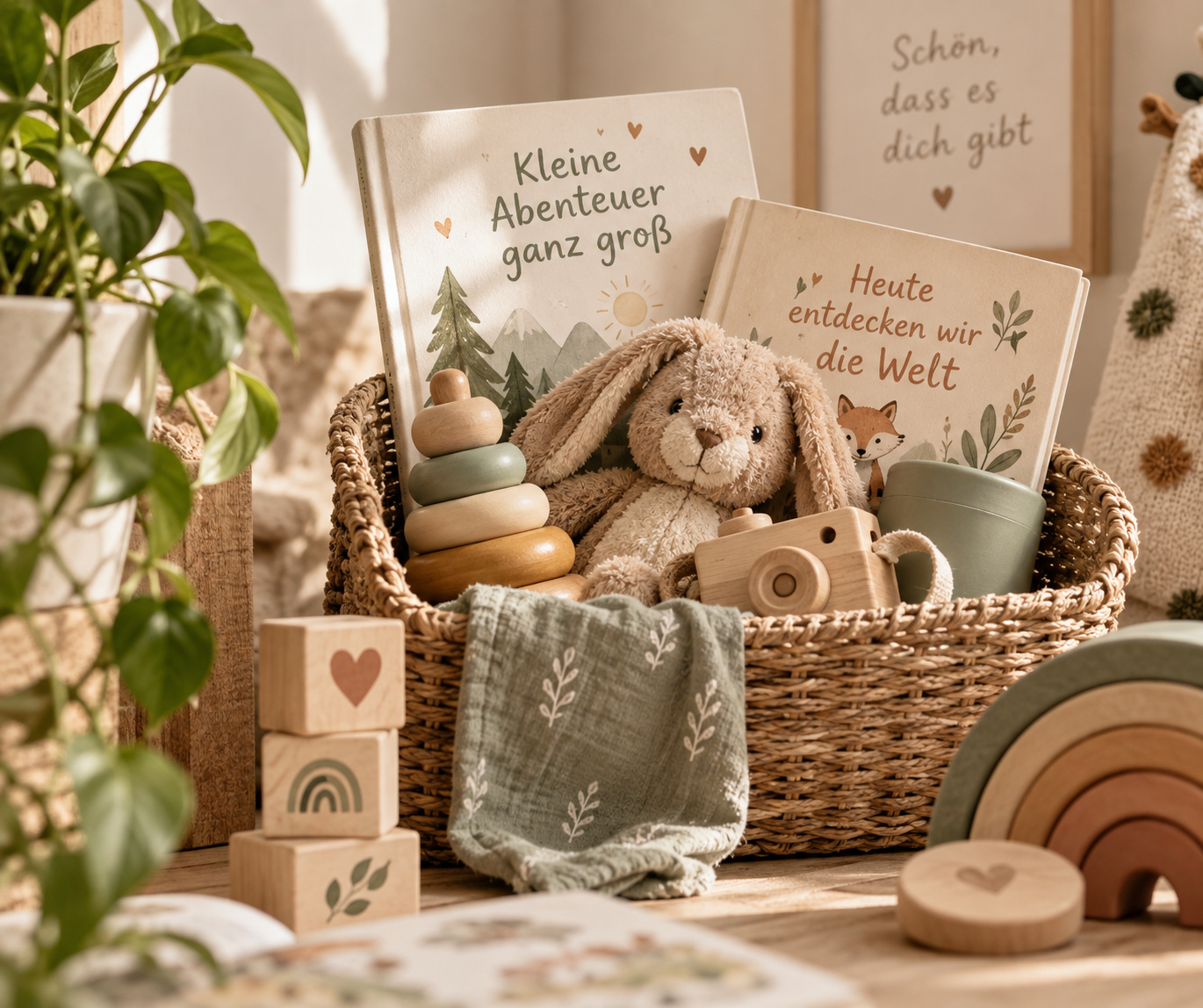 Ein Korb mit Kinderbüchern, einem Stoffhasen, Holzelementen und Spielzeug, umgeben von Pflanzen und Dekorationen im Kinderzimmer.
