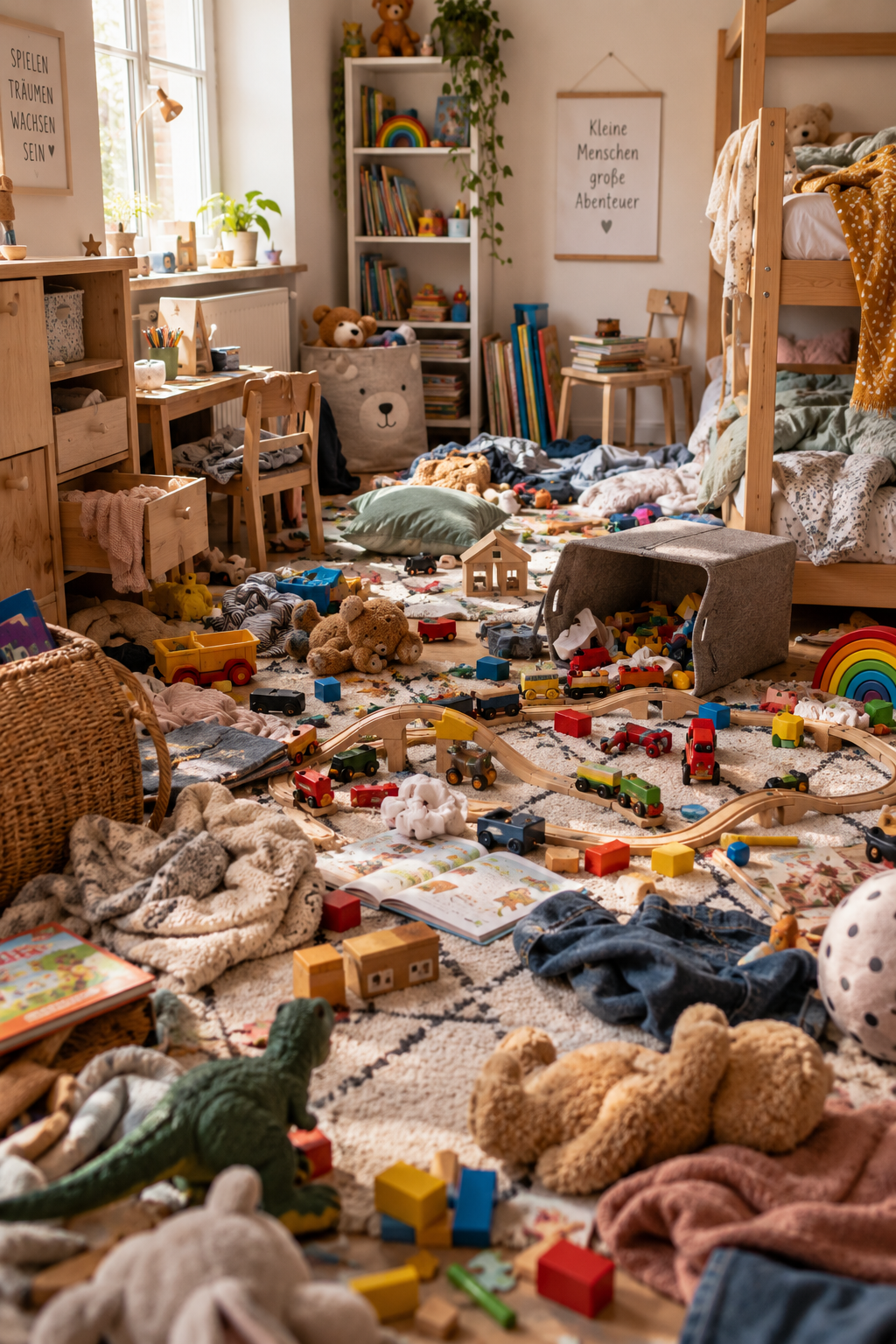 Ein unordentliches Kinderzimmer mit Spielzeug, Puppen, Büchern, Kuscheltieren, Spielzeugautos, einem Zug-Bahn-Set, Badetüchern, Kleidung, und Möbeln aus Holz. Das Zimmer hat eine Fenster mit Fensterbank, eine Couch, eine Stehlampe, und Wanddekorationen. Das Licht ist warm und freundlich.