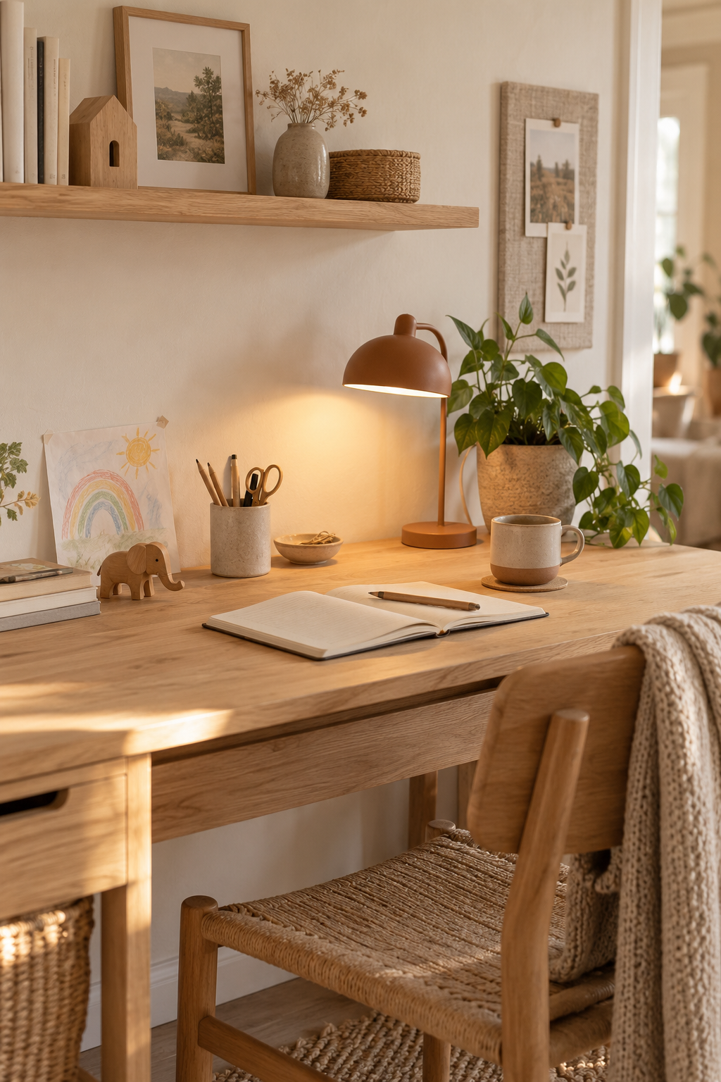 Ein gemütlicher Schreibtisch aus Holz mit einem offenen Notizbuch, einem Becher, einem kleinen Elefantenfigürchen, einem Stifthalter und einer Schreibtischlampe. Im Hintergrund befinden sich Pflanzen und Wanddekorationen.