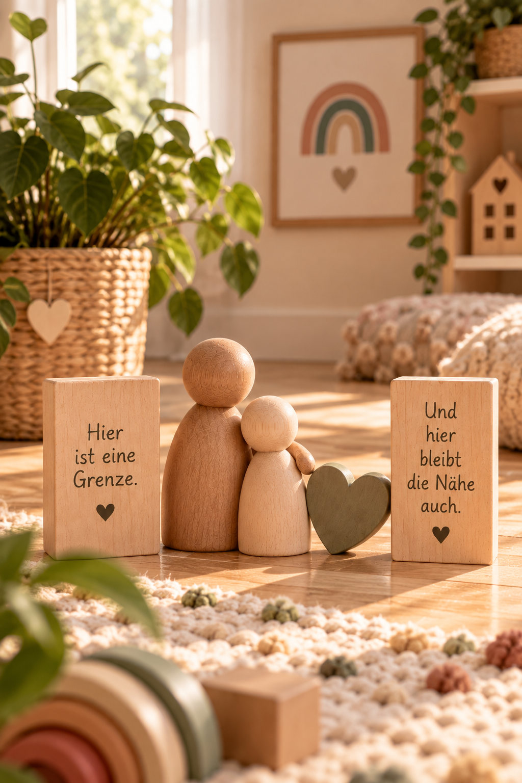 Dekorativer Raum mit Holzfiguren, Pflanzen und Wandkunst, inklusive Schilder mit deutschen Texten und Herzmotiven.