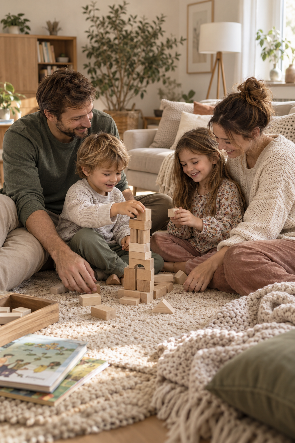 Familie spielt mit Holzbausteinen auf einem Teppich im Wohnzimmer