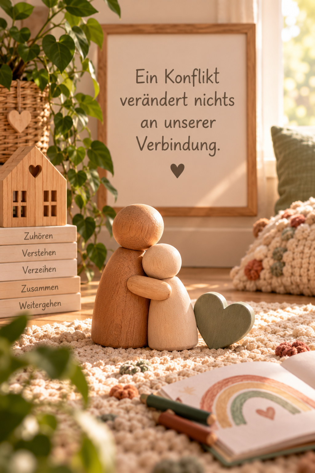 Dekorativer Raum mit Holzfiguren, einem Herz und einer Tafel mit dem Zitat 'Ein Konflikt verändert nichts an unserer Verbindung'.