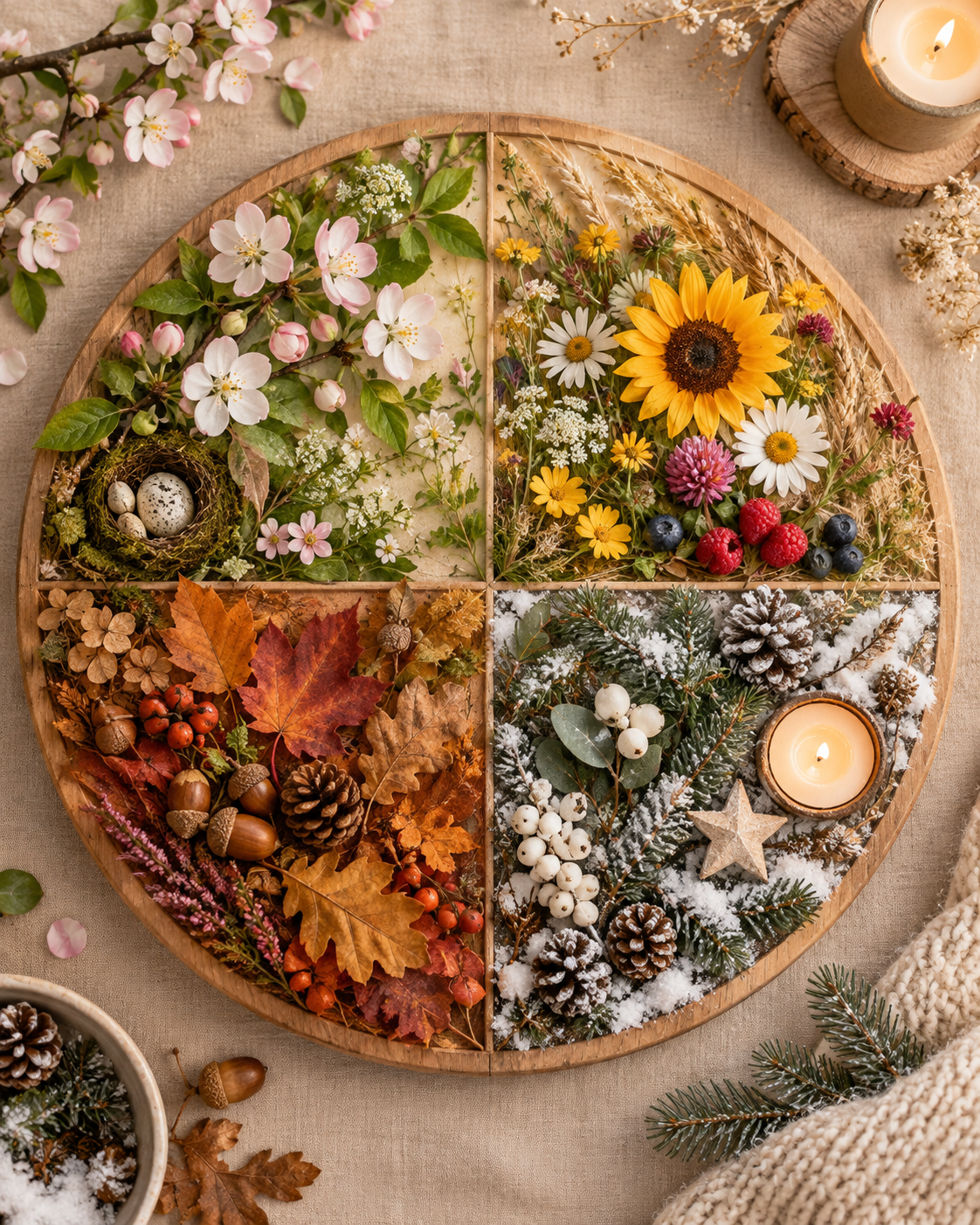 Eine runde Holztablett ist in vier Abschnitte unterteilt, die jeweils mit saisonalen Dekorationen gefüllt sind, darunter pinke Blüten, bunte Blumen, herbstliche Blätter und Winterdeko mit Tannenzweigen, Beeren, Kiefernzapfen und Kerzen.