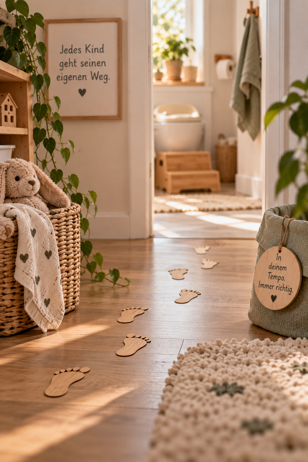 Hier sieht man eine Inneneinrichtung mit Holzfußboden, einer Ecke mit einem Korb und Plüschtier, und einen Flur mit Holzpantoffeln auf dem Boden. An der Wand hängen dekorative Schilder mit Sprüchen auf Deutsch.
