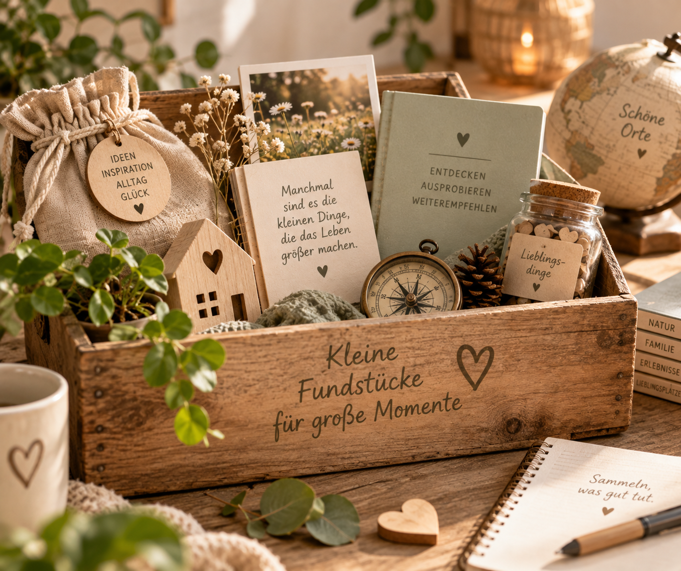 Holzkiste mit Dekorationen und kleinen Gegenständen, darunter eine Pflanze, Fotos, Notizkarten, eine kleine Uhr, Kiefernzapfen, eine Glasdose mit Herzperlen, eine Tasse, eine Notizbuchseite, und eine Weltkarte als Hintergrund.