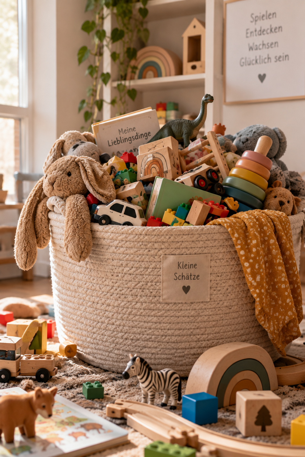 Haufen Spielzeug und Stofftiere in einem großen Korb, mit buntem Holzspielzeug, Büchern, Spielautos, Tierfiguren, einer Stapelrassel, und einer gestrickten Decke. Im Hintergrund eine Wand mit Dekorationsstücken und einem Schild mit der Aufschrift „Spielen Entdecken Wachsen Glücklich sein“.