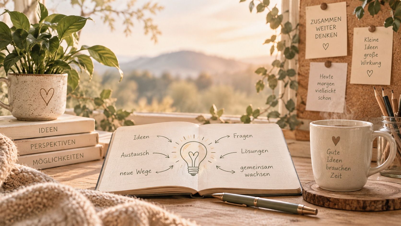Büro- oder Wohnzimmerdekoration mit Notizen, Pflanzen und Schreibutensilien auf einem Holztisch bei Sonnenlicht. Es gibt Bücher, eine Tasse, ein offenes Notizbuch mit Ideen, Fragen, Lösungen und Wachstum, sowie eine Pinnwand mit motivierenden Notizen.