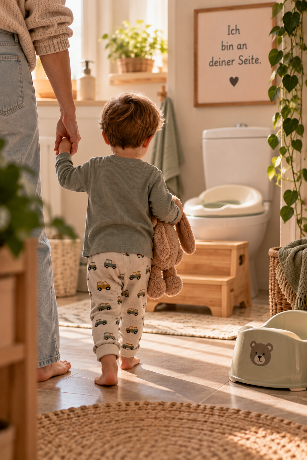 Ein kleines Kind mit einem Teddy in der Hand, das mit einer erwachsenen Person im Badezimmer unterwegs ist, vor einer Toilette, umgeben von Pflanzen und Dekorationen.