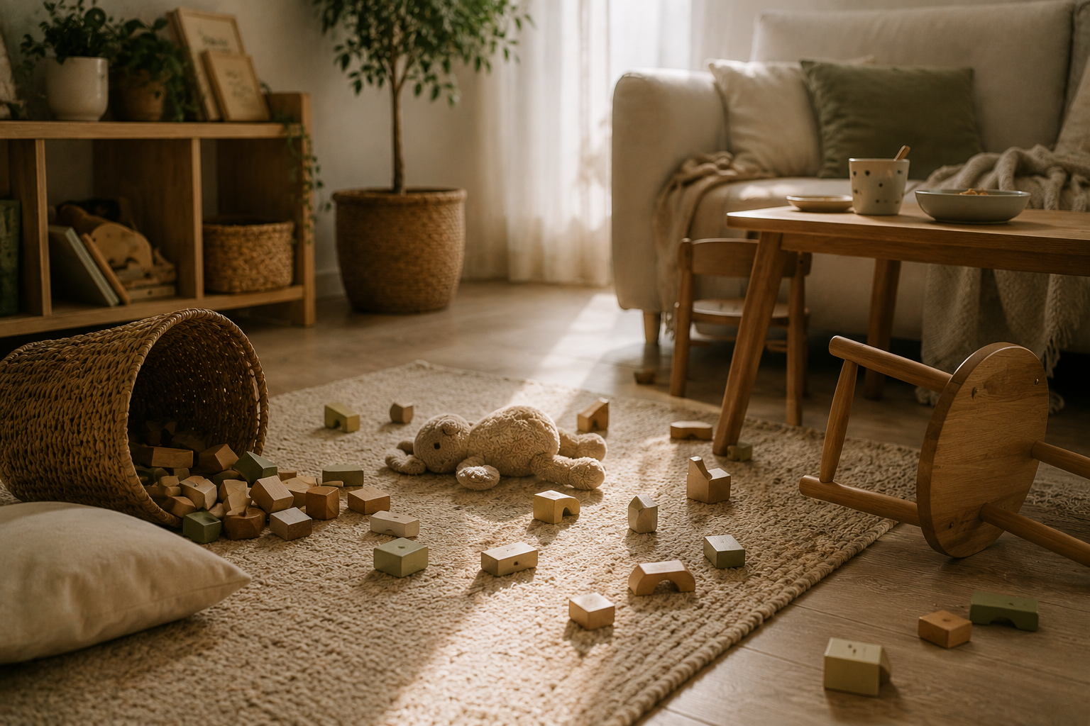 Dieses Bild zeigt eine Kinderzimmer-Ecke mit Spielzeug, darunter ein umgestürzter Korb mit Holzbausteinen und ein Stofftier auf einem Teppich. Im Hintergrund befindet sich ein Sofa, ein Tisch mit Tellern und eine Pflanze in einem Korb, mit natürlichem Sonnenlicht, das in den Raum fällt.