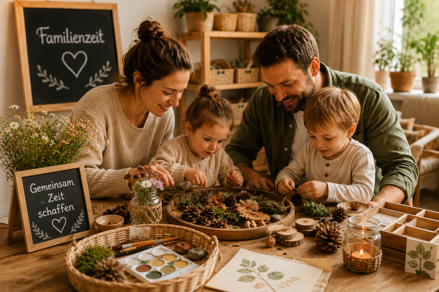 Familie mit zwei Kindern beim Basteln mit Naturmaterialien wie Zapfen, Blättern und Steinen auf einem Holztisch im Wohnzimmer.