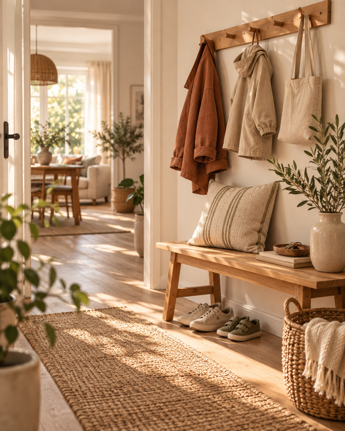Eingangsbereich mit einer Holzbank, Schuhen, einer Wand mit Haken für Jacken und Taschen, Pflanzen, einem Spiegel und einer Decke. Im Hintergrund ein Wohnzimmer mit einem Esstisch, Stühlen, Couch, großen Fenstern, Licht und Pflanzen.