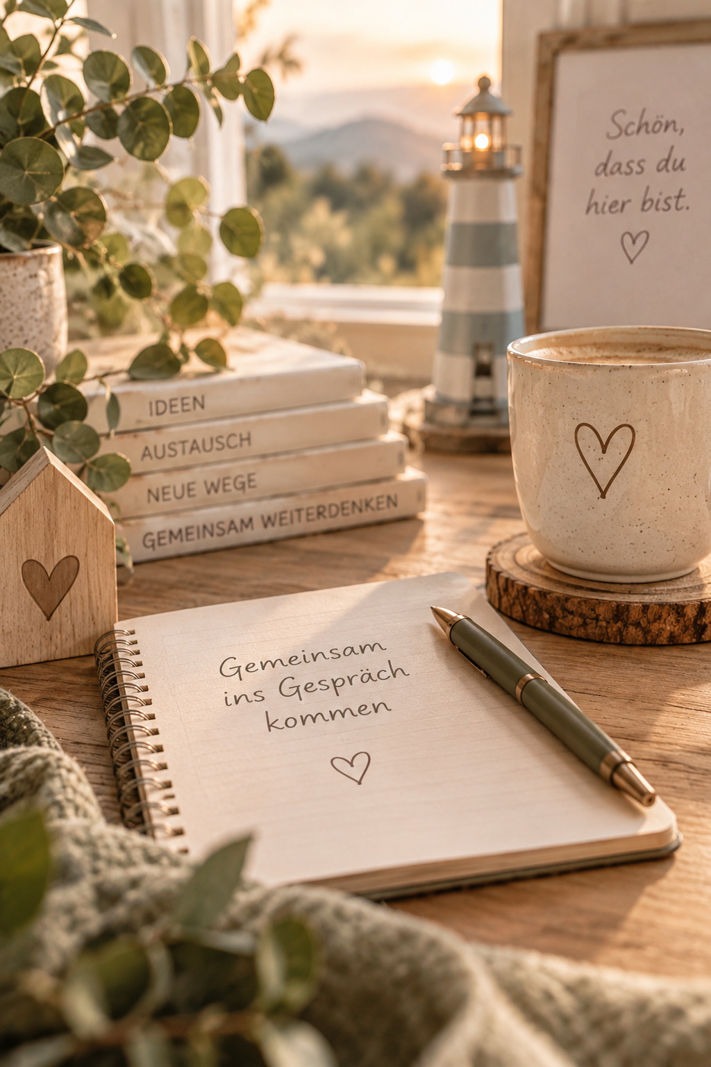 Ein gemütlicher Schreibtisch mit einer Tasse Kaffee, einem Notizbuch, einem Kugelschreiber, Pflanzen, einem Holzschild mit Herz, einem Bücherstapel mit deutschen Titeln, einem Mini-Leuchtturm und einer weißen Tafel mit der Aufschrift 'Schön, dass du hier bist'.