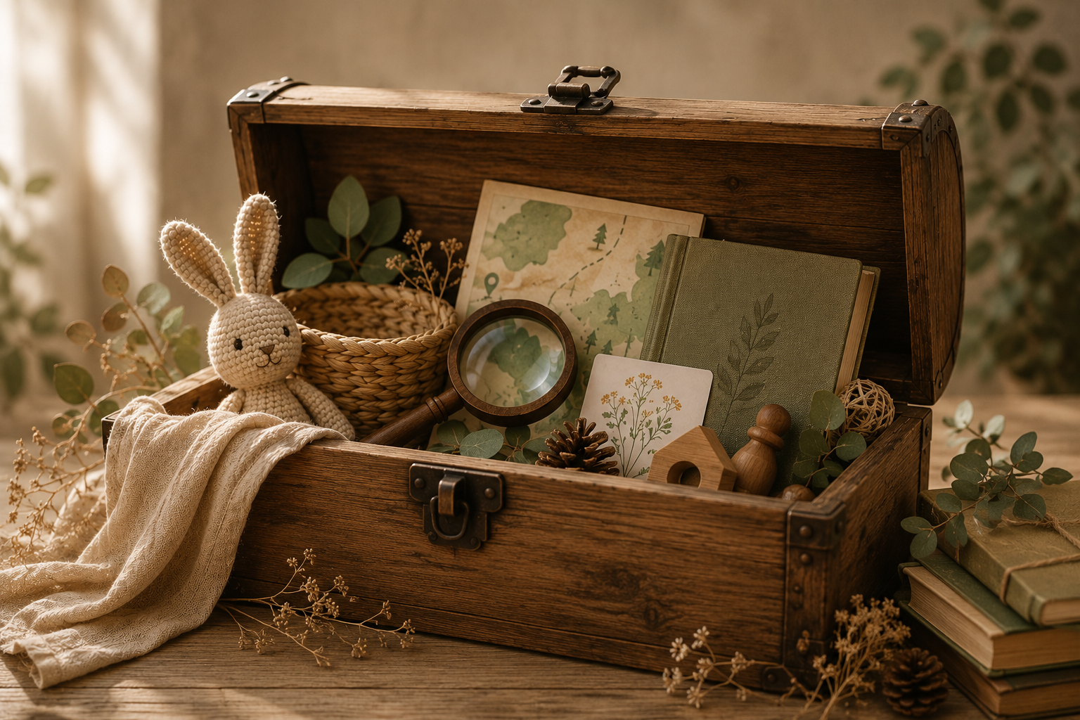 Eine offene Holztruhe mit Naturmaterialien, Büchern, einem Babyhasen-Kuschelspielzeug, einer Lupe, Dekorationen wie Zweige, Pinienkerne und eine Karte mit Pflanzenmotiv, umgeben von weiteren Büchern und Dekorationsgegenständen.