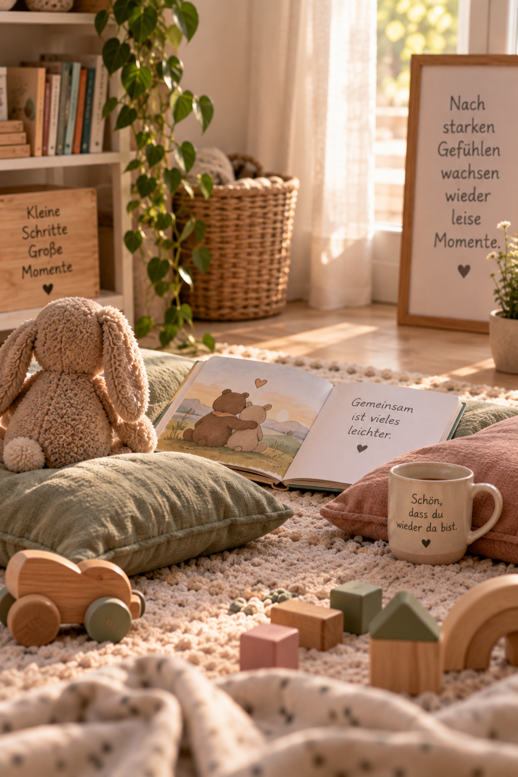 Gemütliches Kinderzimmer mit Kuscheltier, Bilderbuch, Kissen, Tasse und Holzspielzeug auf einem Teppich, Sonnenlicht durch das Fenster, framed Spruchpost mit positiven Zitaten, Pflanzen und Bücherregal im Hintergrund.