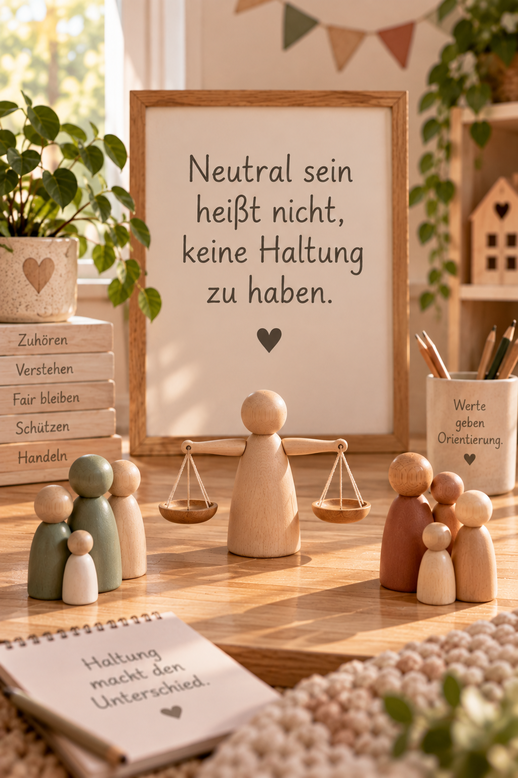 Holzfiguren und Dekorationsartikel auf einem Tisch, mit Schriften und Pflanzen im Hintergrund, die eine Botschaft über Neutralität und Haltung vermitteln.