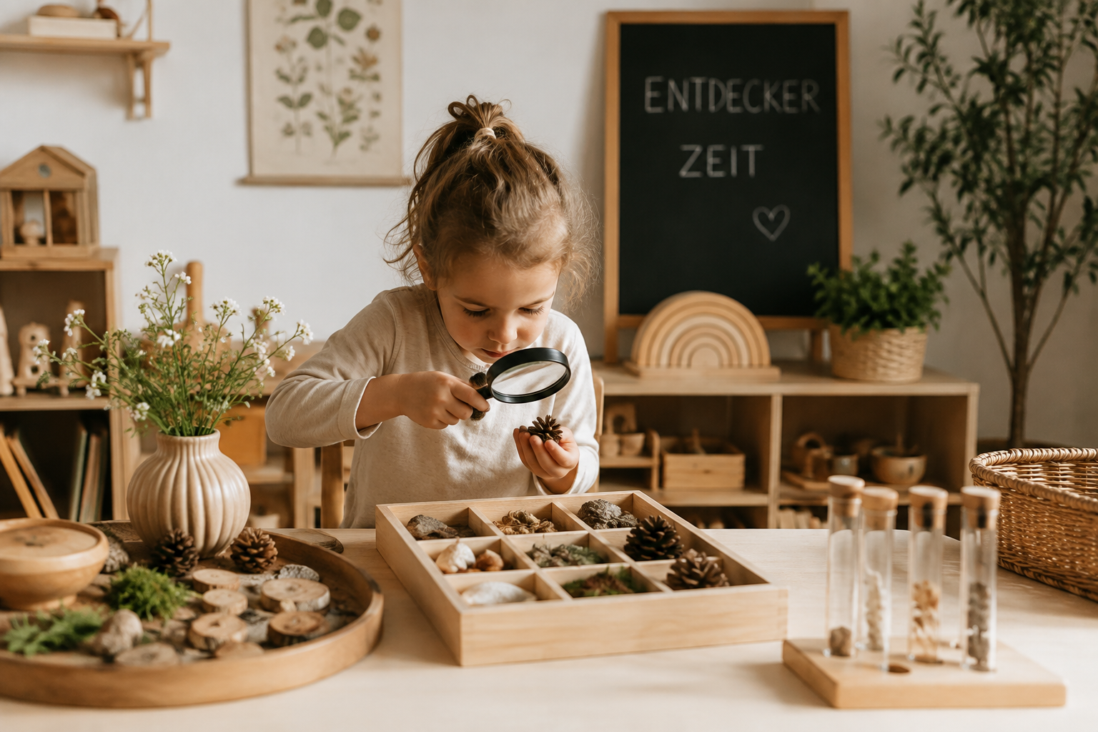 Ein Kind betrachtet mit einer Lupe Tannenzapfen und Steine auf einem Holztablett in einem natürlichen, gut dekorierten Raum, der mit Pflanzen und Holzaccessoires gestaltet ist.