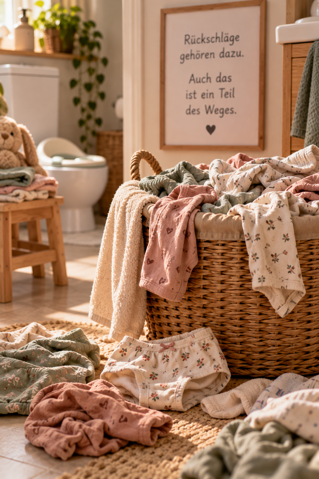 Verstreute Babykleidung und Handtücher auf einem Boden und in einer Korbtruhe in einem wohnlichen Raum, mit einem Wandbild im Hintergrund.