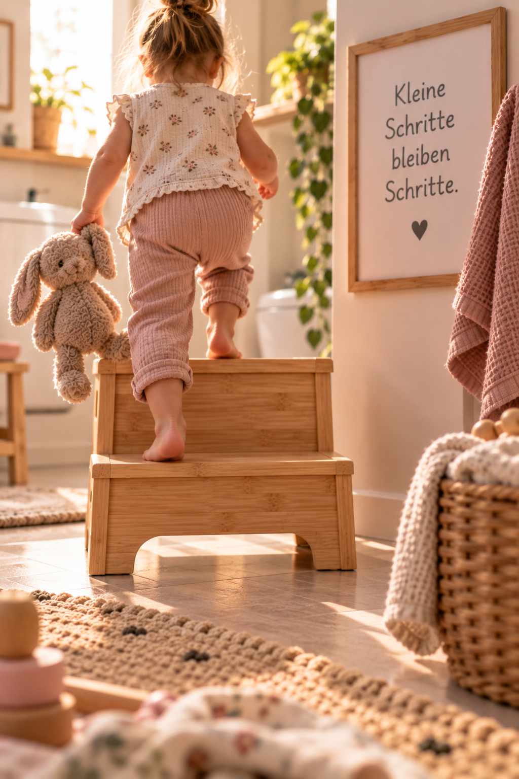 Kleines Kind klettert auf eine Holztreppe in einem Kinderzimmer, hält ein handgestricktes Kuscheltier, im Hintergrund ein weißes Wandbild mit dem deutschen Spruch 'Kleine Schritte bleiben Schritte', umgeben von Natur- und Pastellfarben.