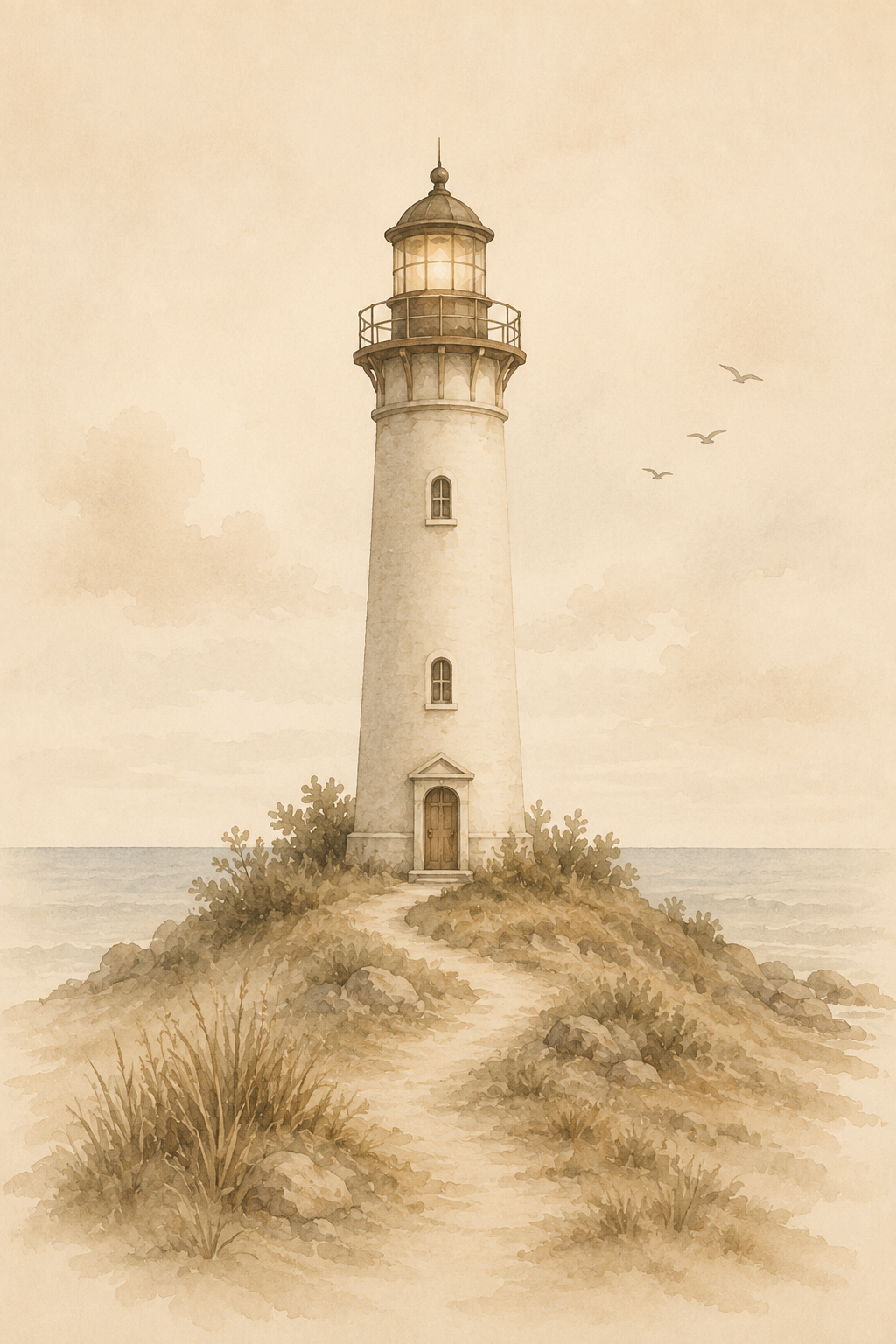 Ein Leuchtturm auf einer felsigen Insel bei Meer und Himmel mit fliegenden Vögeln.