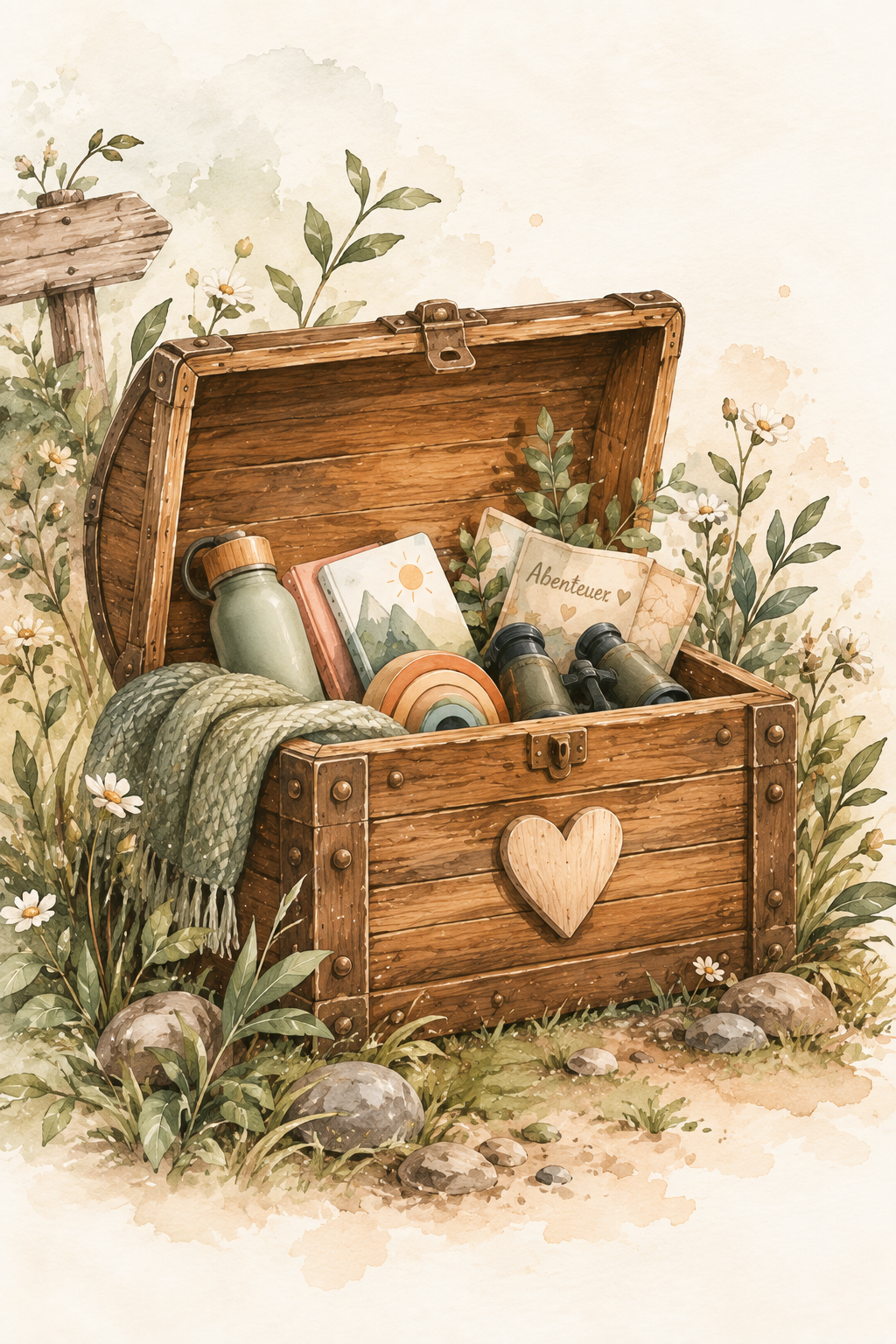 Eine offene Holzkiste mit Reise- und Abenteuerausrüstung in einer Naturumgebung mit Blumen, Steinen und Pflanzen.