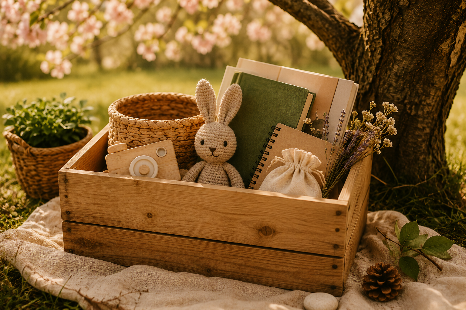 Ein Holzkiste mit Büchern, einem Kuschelhäschen, einer Stofftasche, einem Holzspielzeug, einem Blumenstrauß, einem Korb mit Pflanzen, umgeben von Baumzweigen und Natur im Garten bei Sonnenuntergang.