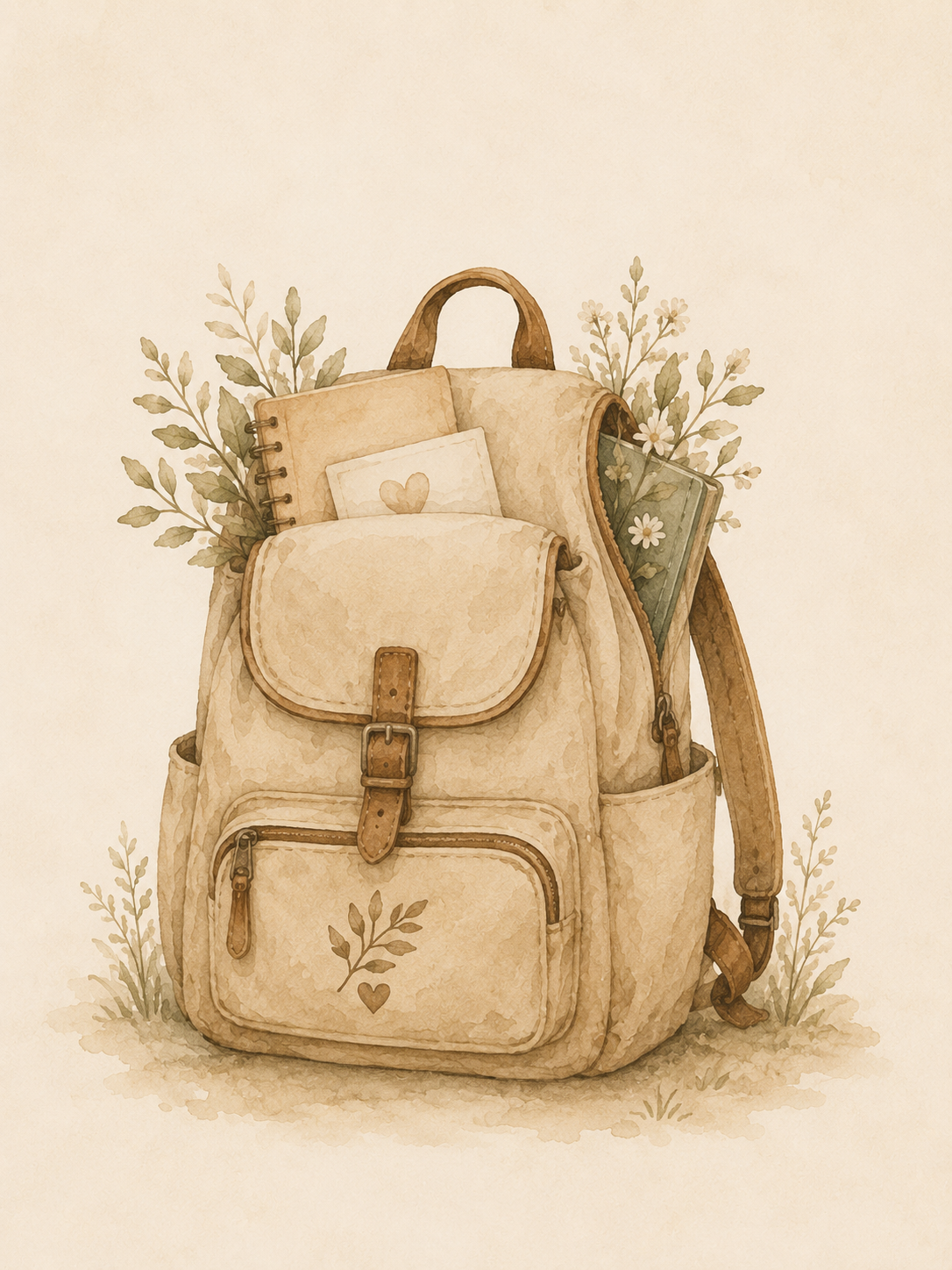 A watercolor illustration of a beige backpack with a notebook, pillow, and art supplies, surrounded by greenery and flowers.