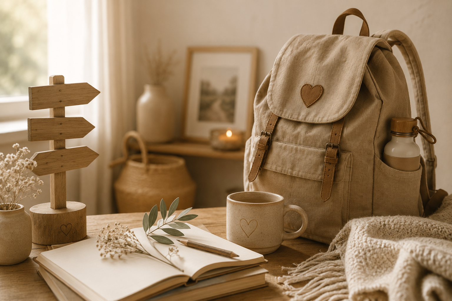 Ein Rucksack, eine Kaffeetasse, ein Notizbuch mit einem Stift, Pflanzen und eine Wandlampe in einem warm beleuchteten Raum.