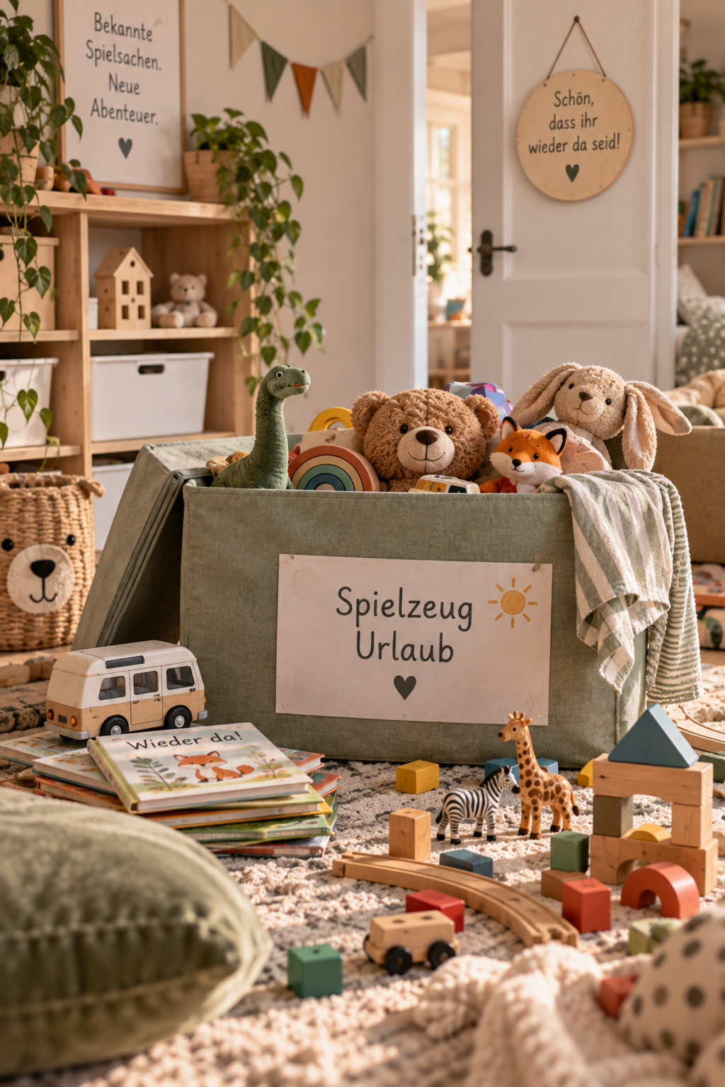 Ein Spielzeugkisten mit Kuscheltieren, Spielfahrzeugen, Holzklötzen und Kinderbüchern in einem Kinderzimmer, dekoriert mit Pflanzen, Bildern und einer Schild mit der Aufschrift 'Spielzeug Urlaub'.
