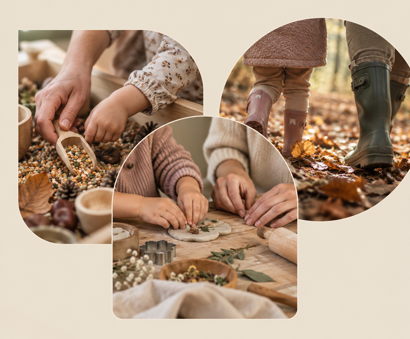 Drei Bilder zeigen Kinder beim Basteln und Spazierengehen im Herbst. Das erste Kind hat eine Schaufel mit bunten Samen, das zweite knetet Teig mit Blättern, und das dritte läuft mit Gummistiefeln über Laub im Wald.