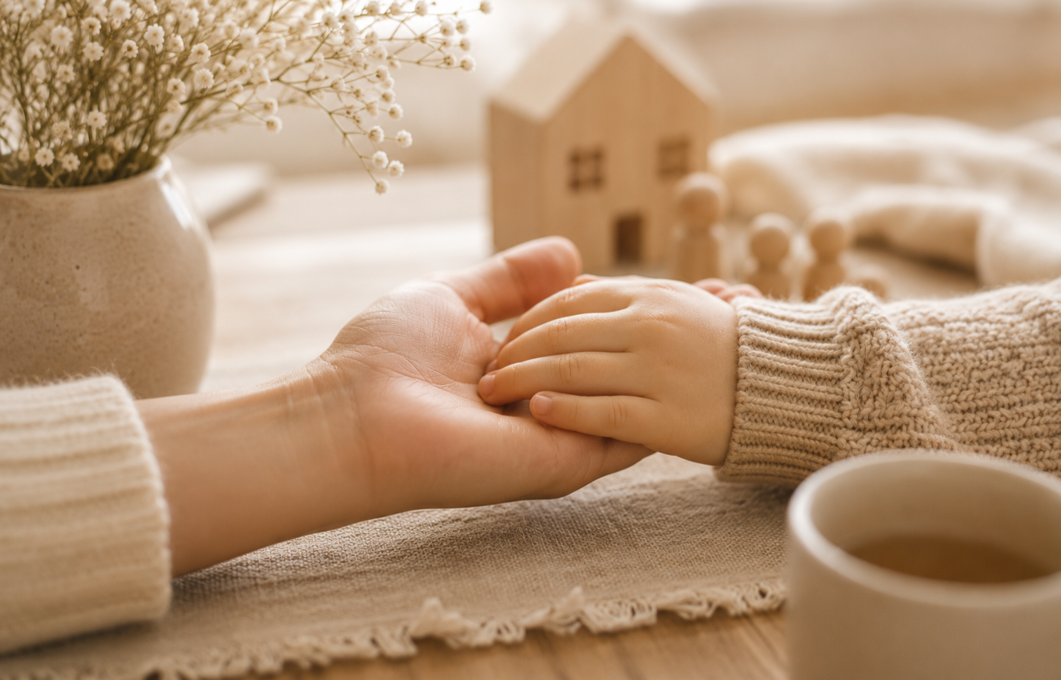 Ein Erwachsenenhandschlag hält eine Kinderhand auf einem Tisch. Im Hintergrund sind eine kleine Holzhütte, Spielzeugfiguren, ein Handtuch und ein Teetasse. Es wirkt warm und gemütlich.