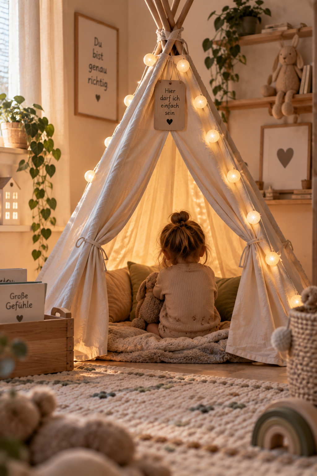 Ein Kind sitzt in einem kuscheligen Tipi-Zelt mit warmem Licht und Spielzeug, umgeben von holzgestalteten Dekorationen und Pflanzen, mit kindgerechten Bildern an der Wand.