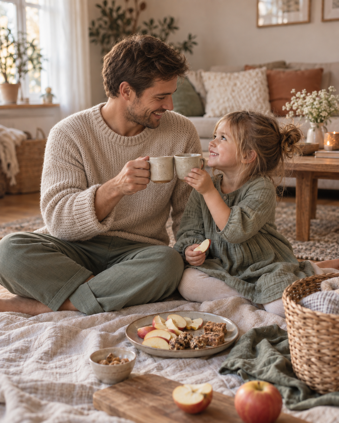 Vater und Tochter sitzen auf einem Teppich im Wohnzimmer, trinken Kaffee und essen Apfelstücke, umgeben von einem Frühstücksteller mit Apfelstücken und Keksen.