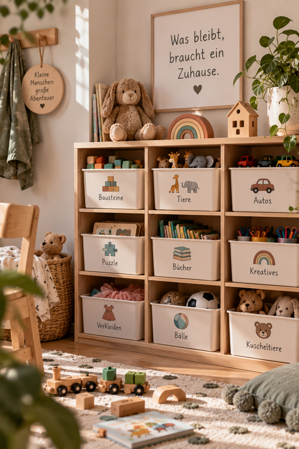 Kinderzimmer mit Spielzeugregalen, Plüschtieren, Büchern, Motorikspielzeug und Dekorationen wie einem Regenbogen und einem Baumhaus. Es gibt auch eine Wandtafel mit der Aufschrift "Was bleibt, braucht ein Zuhause."