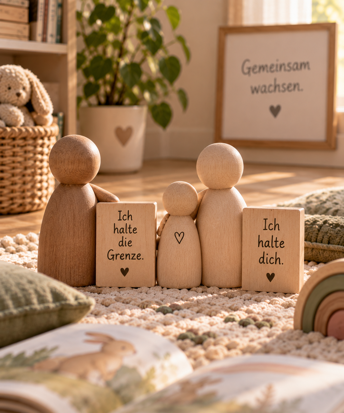 Holzfiguren und Schilder in einem gemütlichen Raum. Die Schilder tragen die deutschen Texte ‚Ich halte die Grenze‘ und ‚Ich halte dich‘ mit kleinen Herzsymbolen. Im Hintergrund ein Topf mit Grünpflanzen, eine Stehwand mit der Aufschrift ‚Gemeinsam wachsen.‘, und ein Korb mit Kuscheltieren.
