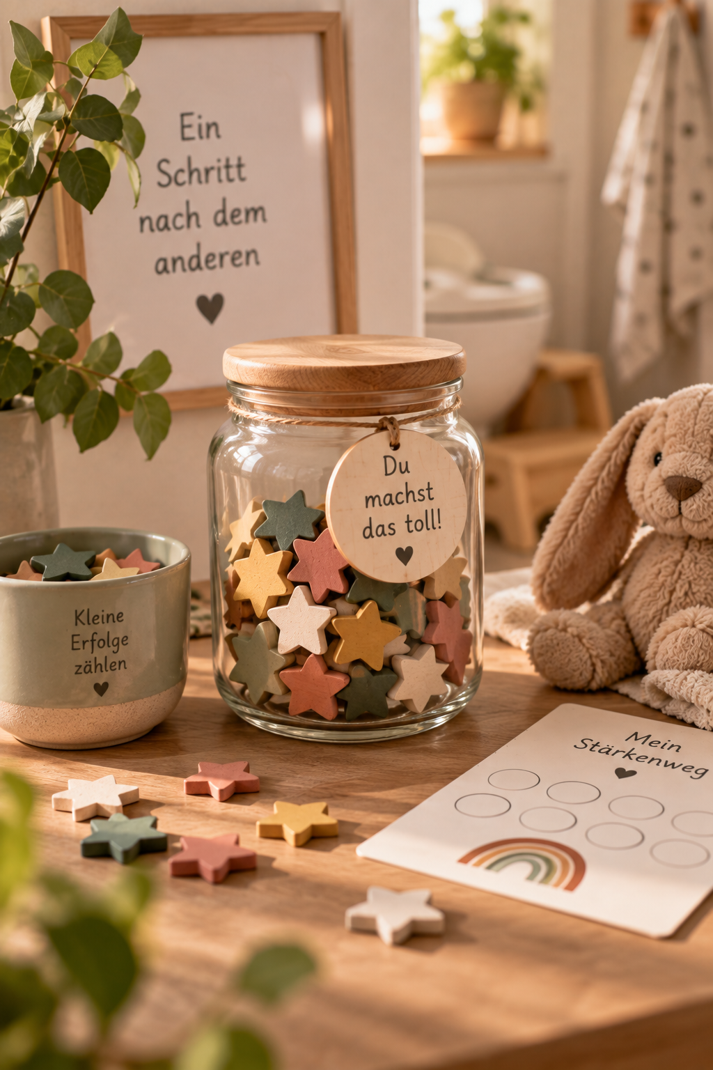 Bunte Stern-Kekse in einem Glas mit einem Aufkleber: 'Du machst das toll!' auf einem Holztisch, umgeben von weiteren Stern-Keksen, einer Tasse mit dem Spruch 'Kleine Erfolge zählen', einem Schild mit 'Ein Schritt nach dem anderen', einem Stofftier und einer Stärken-Übungskarte.