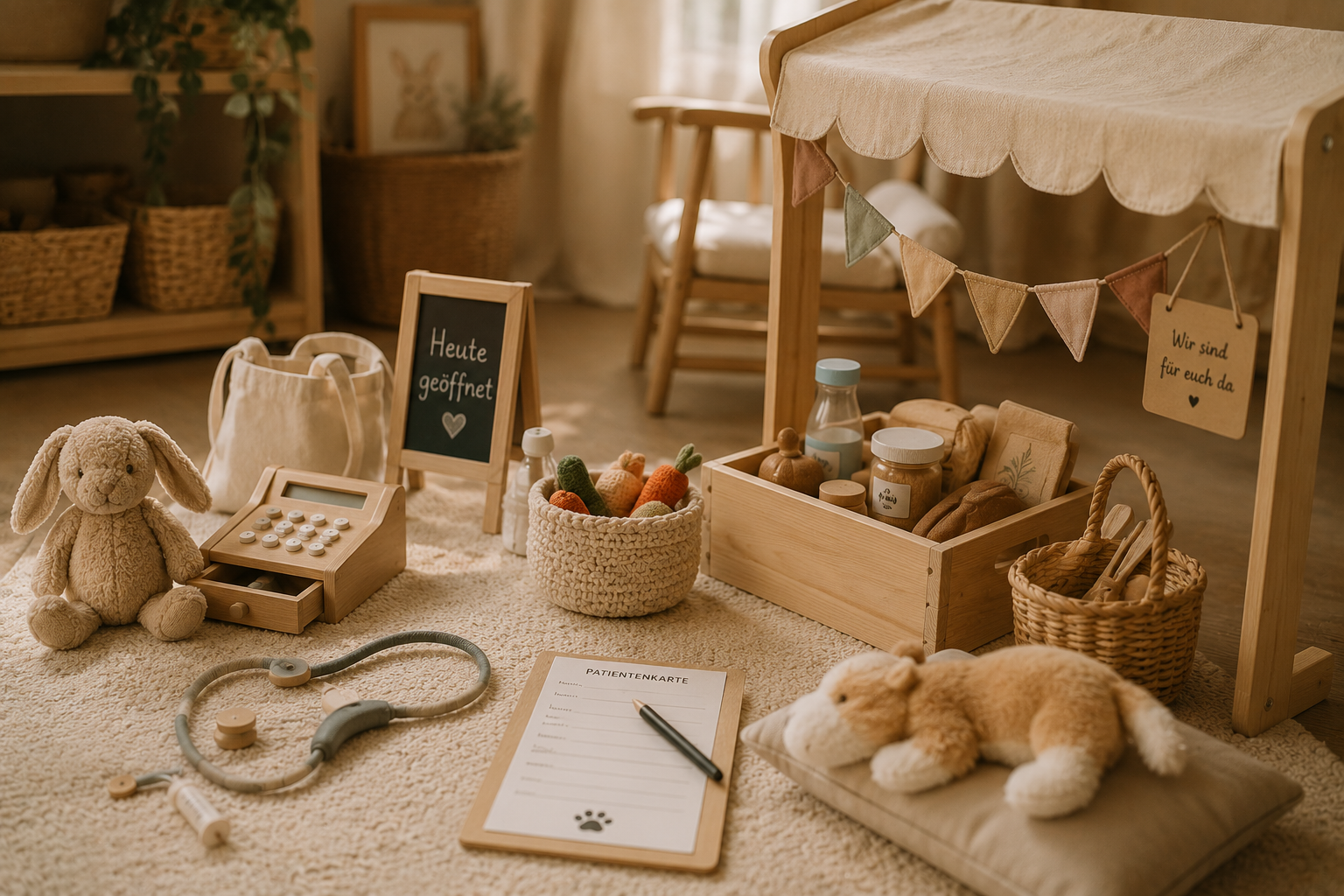 Kinder Spielsachen und medizinische Spielzeug wie Stofftiere, Holzspielzeug, Arztkoffer, Kinderkarteikarten und Spielküche in einem warmen, kindgerechten Raum.